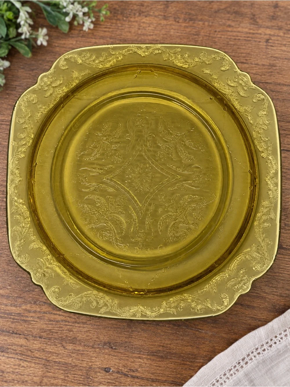 Vintage Amber Depression Glass Dinner Plates Set of 2 Square Ornate